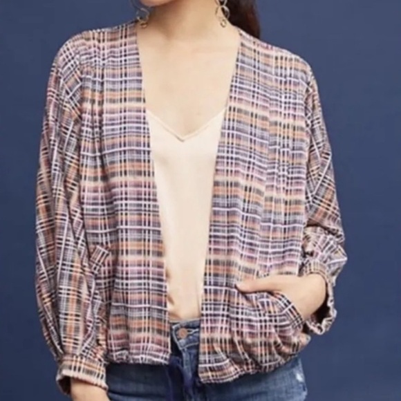 Akemi Kin by Anthropologie plaid drawstring waist, Cardi jacket - Picture 1 of 11